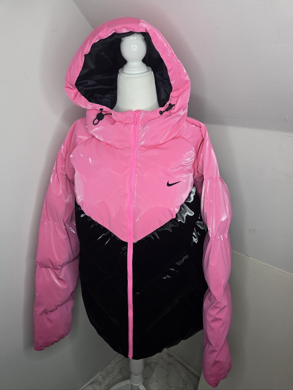 Nike Womens Glossy Pink and Black Puffer Jacket with Hood
